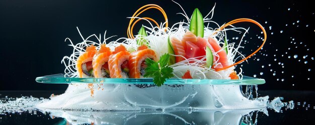 Photo a bowl of sushi with a green leaf on top