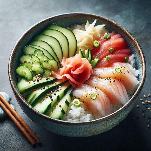 a bowl of sushi with rice and chopsticks on it