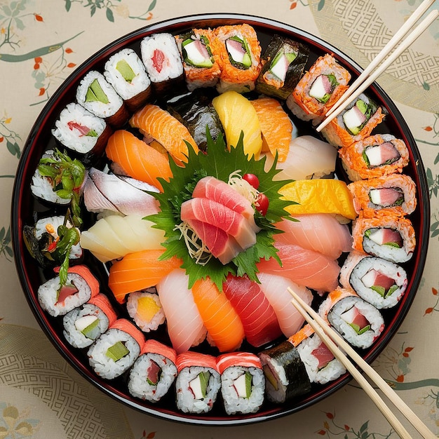 a bowl of sushi with the word sushi on it