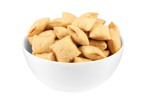 Bowl of sweet crispy corn pads on white background Breakfast cereal