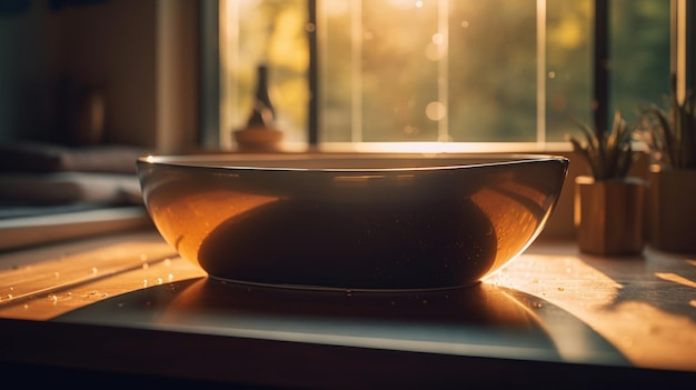 A bowl on a table with the sun shining through the window