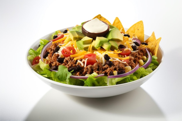 A bowl of taco salad with cheese, avocado, and black beans.