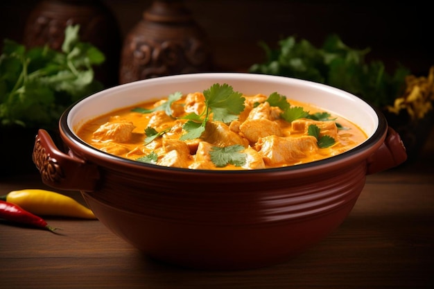 Bowl of tasty chicken curry with green leaves