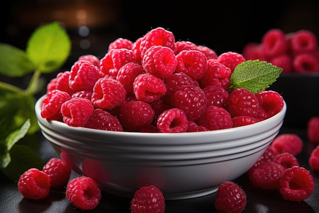 Bowl of tasty red raspberries in marble background high quality photo generative IA