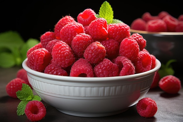 Bowl of tasty red raspberries in marble background high quality photo generative IA