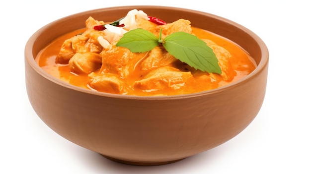 A bowl of thai chicken curry with a leafy green leaf.