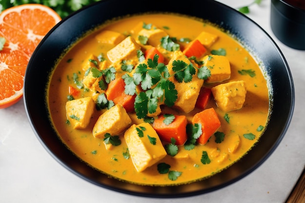 A bowl of thai curry with carrots and coconut