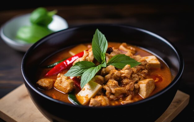 A bowl of thai food with a green pepper on the side