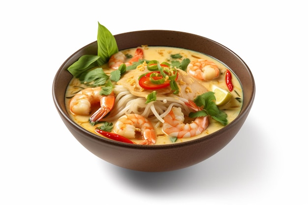 A bowl of thai noodle soup with shrimps and vegetables.