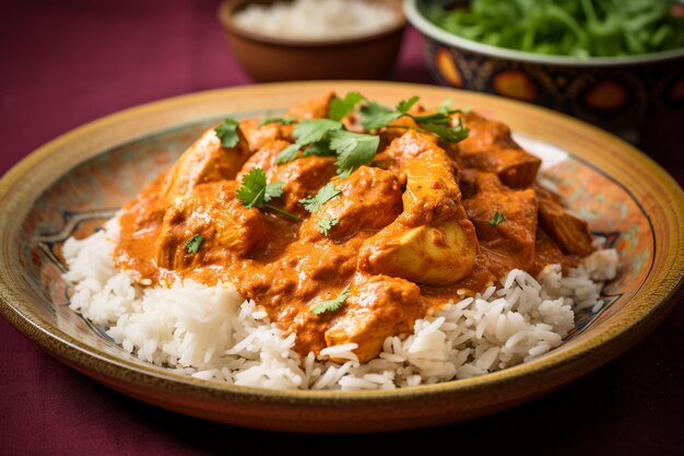 A bowl of tikka masala on a patterned Indian tablecloth