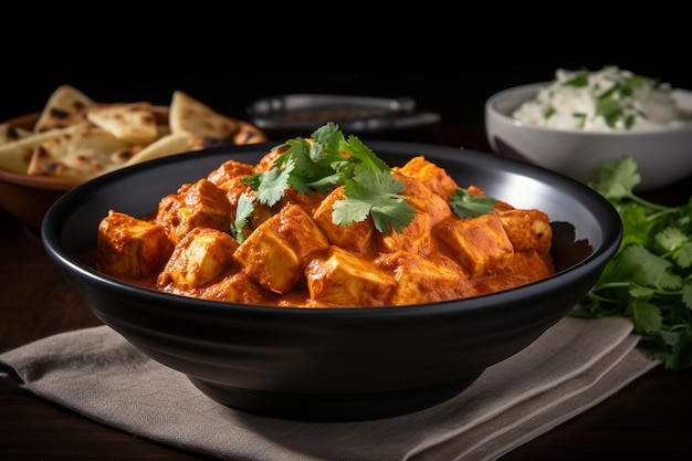 Photo a bowl of tikka masala with a garnish of fresh herbs and lemon slices