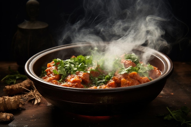 A bowl of tikka masala with steam rising and a background of spices