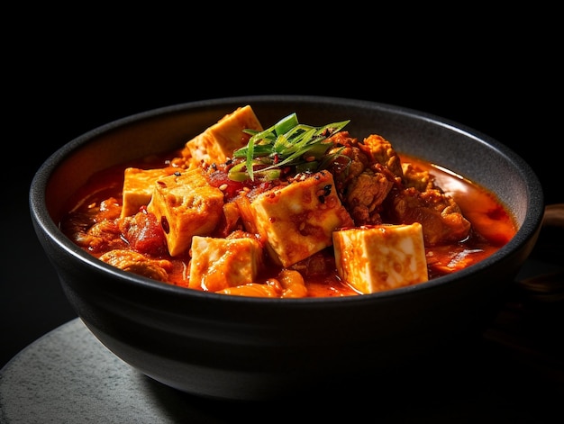 A bowl of tofu curry with a black background