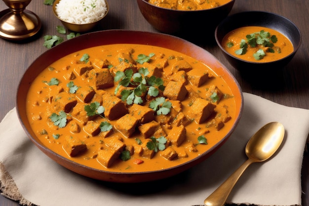 A bowl of tofu curry with a spoon next to it.