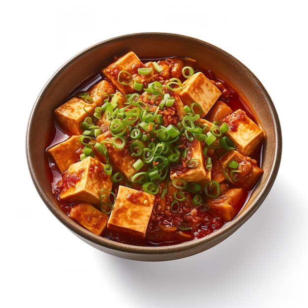 A bowl of tofu and green onions with a white background