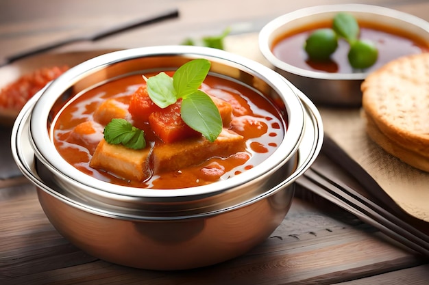 A bowl of tofu soup with a side of sauce