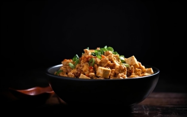 A bowl of tofu with green onions on top