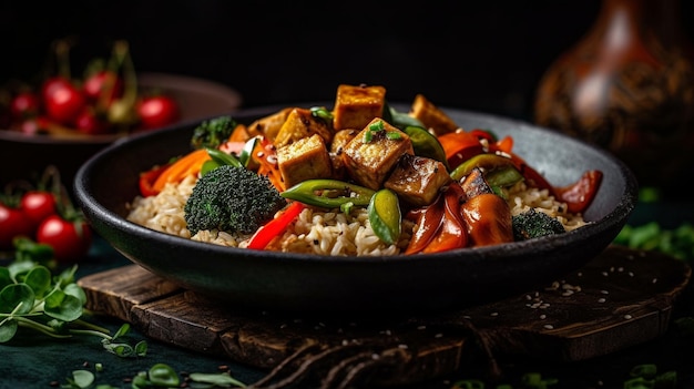 A bowl of tofu with rice and broccoli on the side