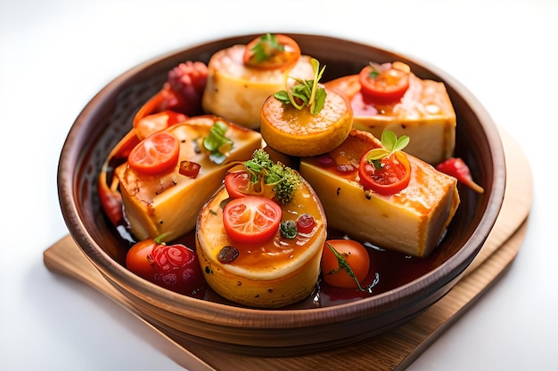 A bowl of tofu with tomatoes and herbs