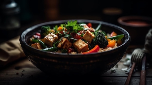 A bowl of tofu with vegetables and a bowl of rice