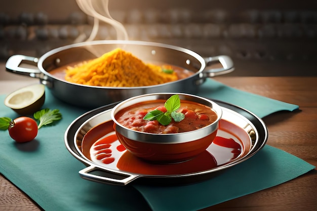 A bowl of tomato curry next to a pan of curry.