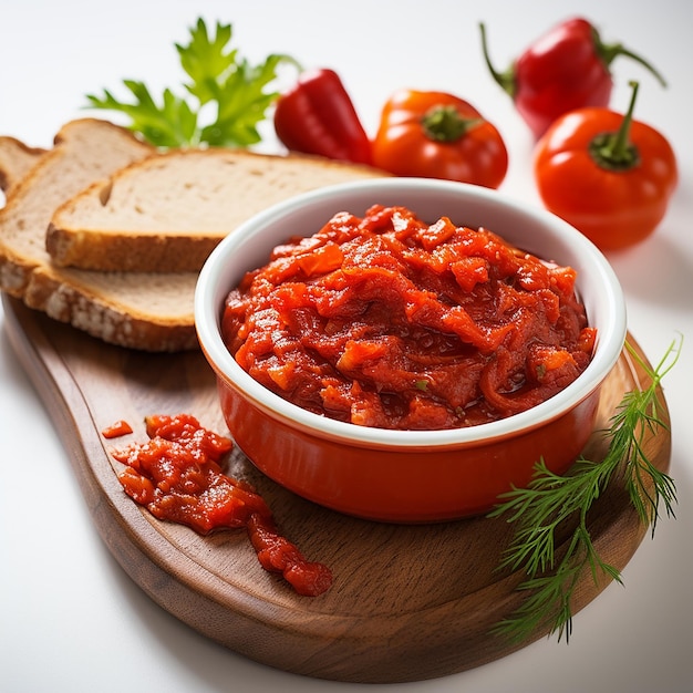 Photo a bowl of tomato sauce next to a bowl of bread