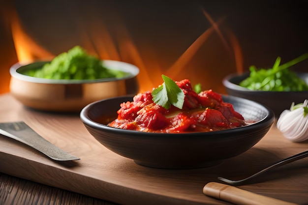 A bowl of tomato sauce sits on a wooden cutting board with a fire in the background.