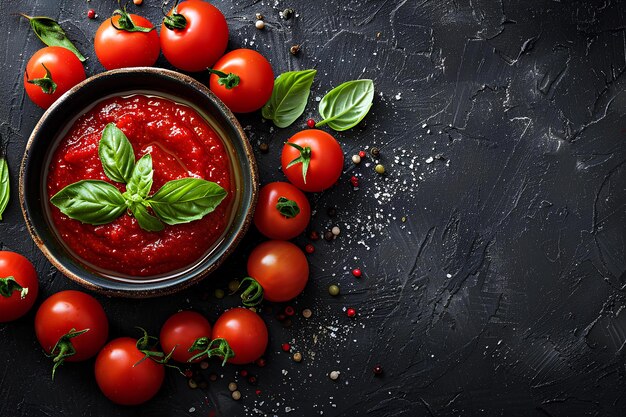 A bowl of tomato sauce surrounded by fresh tomatoes and basil leaves on a black background with salt