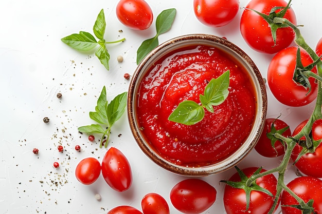 A bowl of tomato sauce surrounded by tomatoes and basil leaves on a white surface with scattered