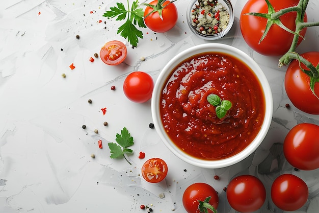 A bowl of tomato sauce surrounded by tomatoes and herbs on a white surface with a spoon and a small