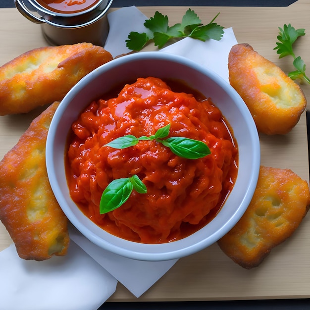 A bowl of tomato sauce with basil leaves on top of it.