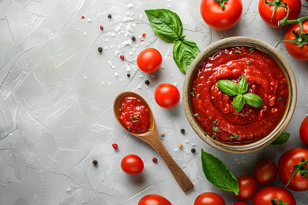 A bowl of tomato sauce with basil and tomatoes around it on a white surface with a spoon and a few