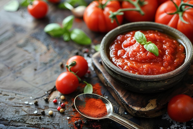 A bowl of tomato sauce with a spoon next to it and tomatoes in the background on a cutting board a