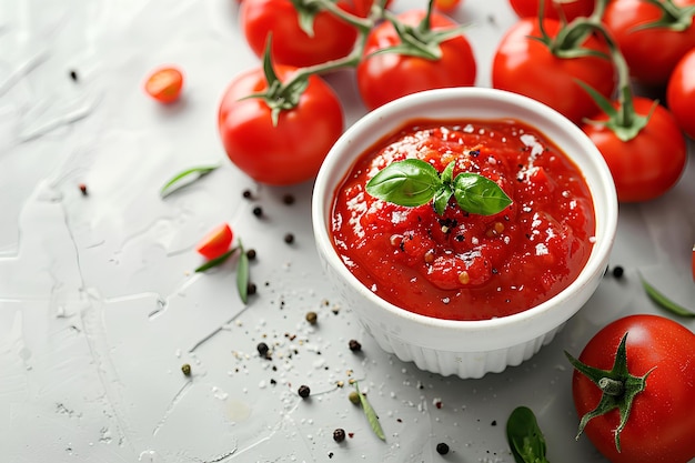 A bowl of tomato sauce with tomatoes around it on a table with sprinkles and leaves on it