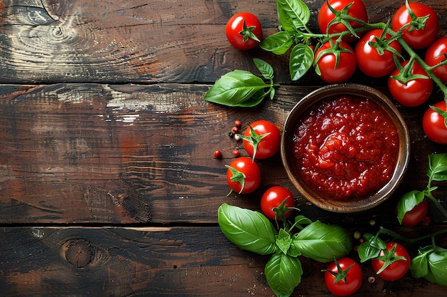 Photo a bowl of tomato sauce with a wooden background