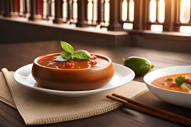 A bowl of tomato soup and a bowl of tomato soup sit on a table.