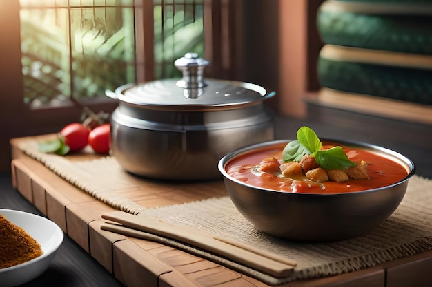 A bowl of tomato soup sits on a table next to a pot of tomato sauce.