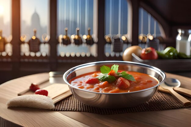 A bowl of tomato soup sits on a table with a baguette and a baguette on the table.