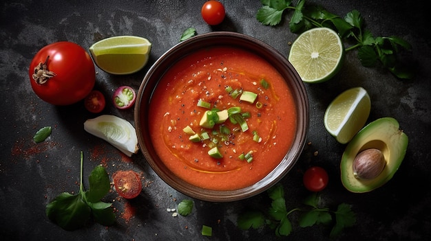 A bowl of tomato soup with avocado on the side