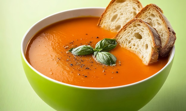 A bowl of tomato soup with basil and croutons