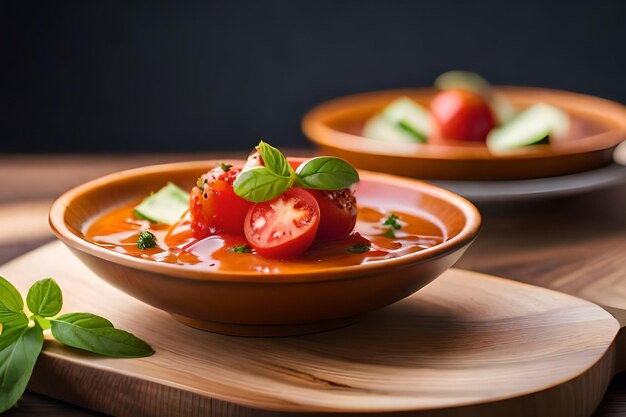 A bowl of tomato soup with basil leaves on the side