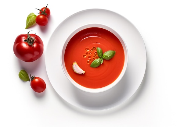 A bowl of tomato soup with basil leaves on a white plate.