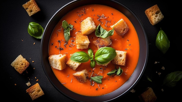 A bowl of tomato soup with bread and basil leaves on the side.