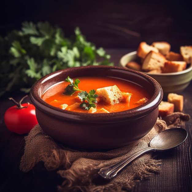 A bowl of tomato soup with bread in it and a bowl of tomatoes in the background.