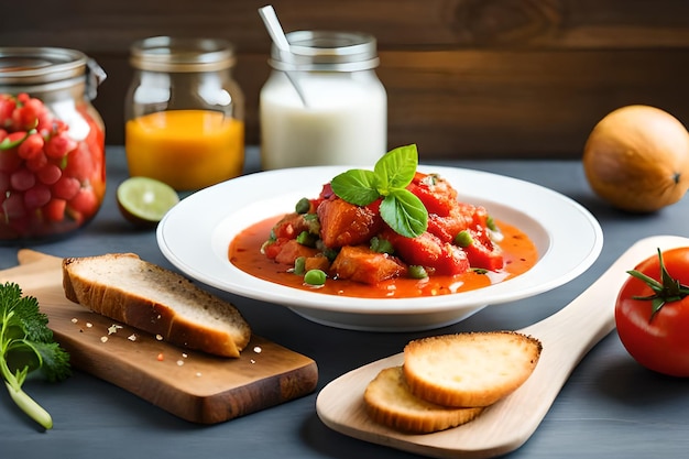 A bowl of tomato soup with bread and a jar of milk on the side.