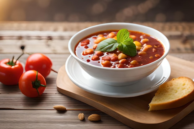 A bowl of tomato soup with bread on the side