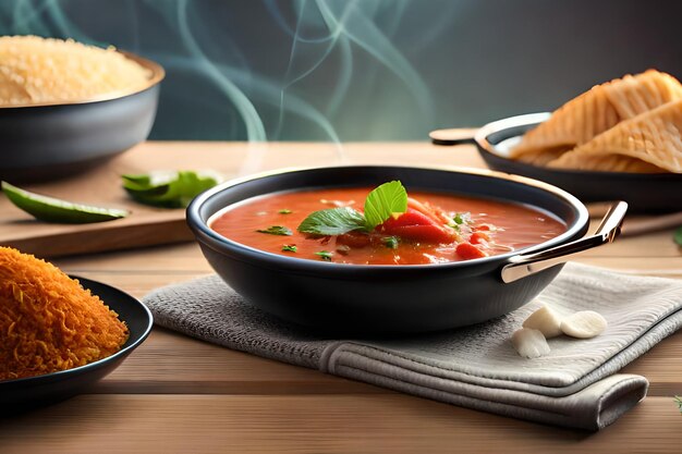 A bowl of tomato soup with bread on the side