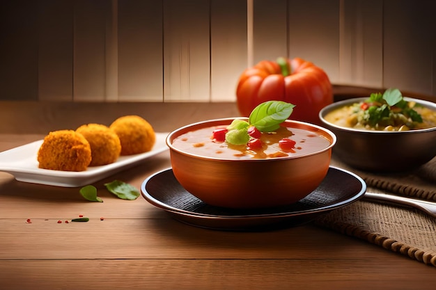 A bowl of tomato soup with a plate of food on a table