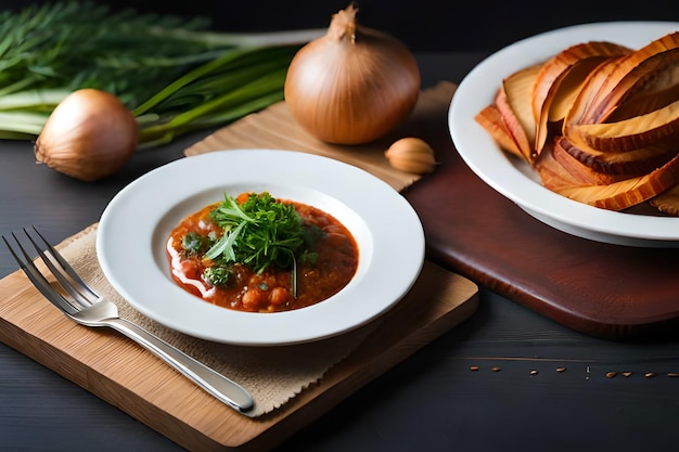 A bowl of tomato soup with a side of vegetables on a table.