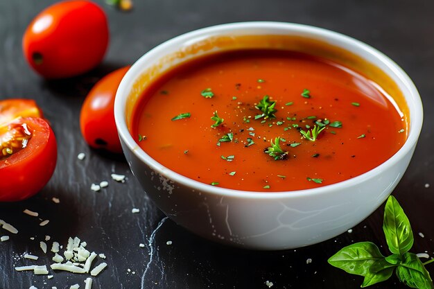 a bowl of tomato soup with a small amount of parsley on the side